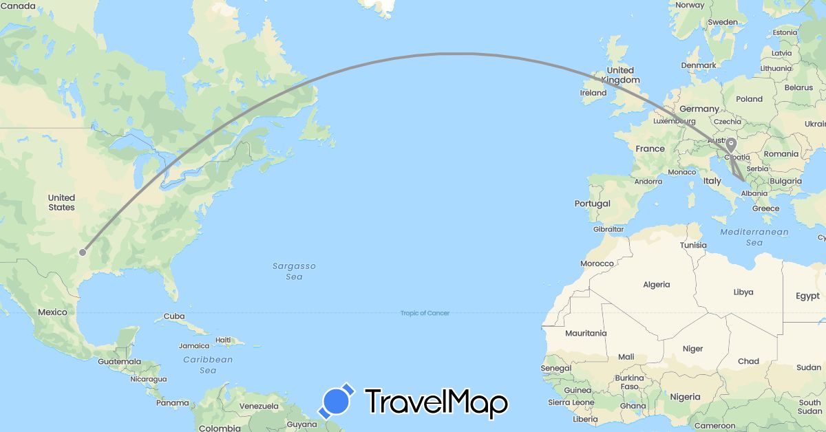TravelMap itinerary: driving, plane in United Kingdom, Croatia, United States (Europe, North America)